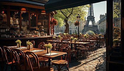 Classic Parisian café on a sunny morning, with outdoor seating, fresh pastries on display, and the Eiffel Tower visible in the distance.