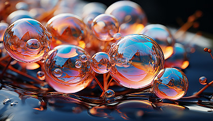 Close-up of iridescent bubbles reflecting the surrounding colors.