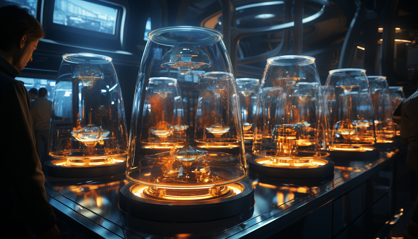 High-tech futuristic laboratory, with holographic displays, robotic arms, scientists in lab coats, and a central AI interface.