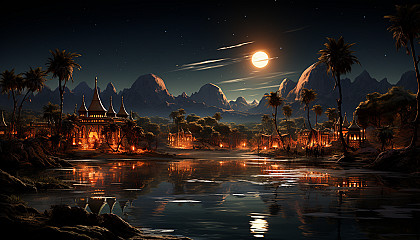 Desert oasis at night, under a star-filled sky, with palm trees, a tranquil pond, Bedouin tents, and camels resting nearby.