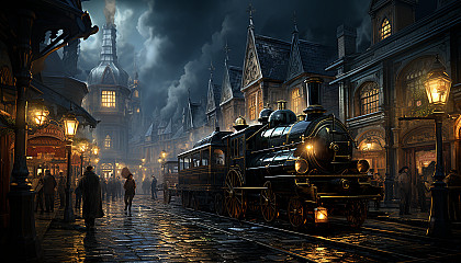 Victorian-era train station, with steam locomotives, elegantly dressed travelers, and period-specific details like gas lamps and wrought iron benches.