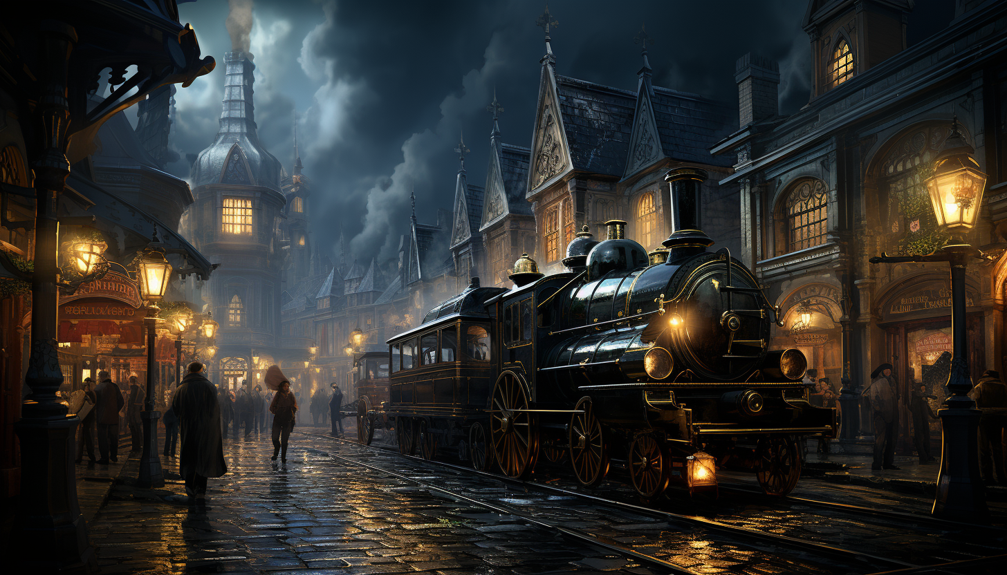 Victorian-era train station, with steam locomotives, elegantly dressed travelers, and period-specific details like gas lamps and wrought iron benches.