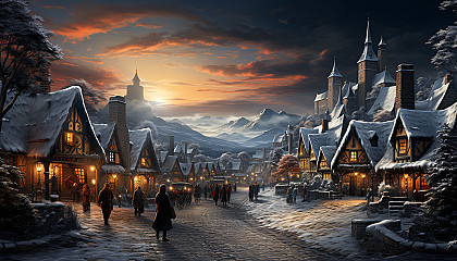 Magical winter village during Christmas time, with snow-covered cottages, a large Christmas tree, and villagers enjoying festivities.