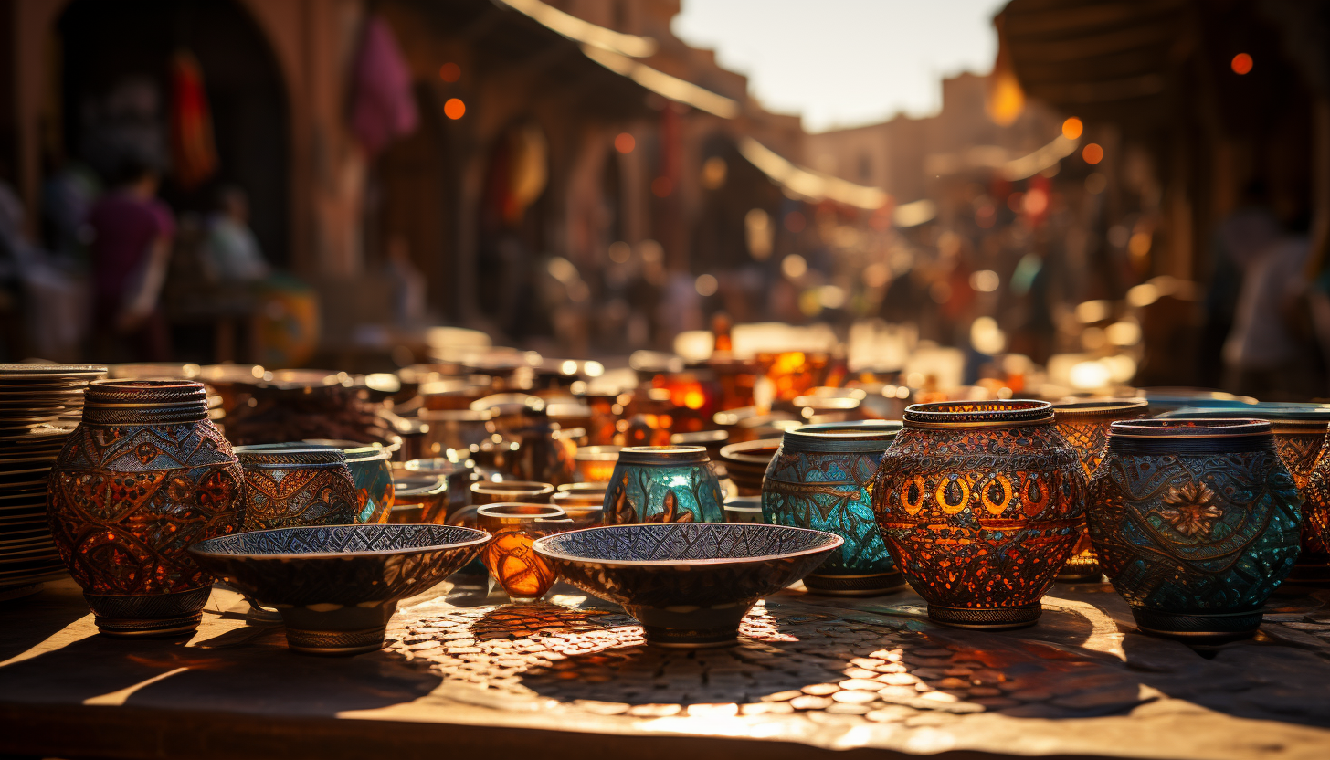 Traditional Moroccan market, colorful textiles, intricate lanterns, bustling crowds, and the aroma of spices and street food.