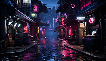 Futuristic cyberpunk alleyway, neon signs in various languages, shadowy figures, and high-tech gadgets.