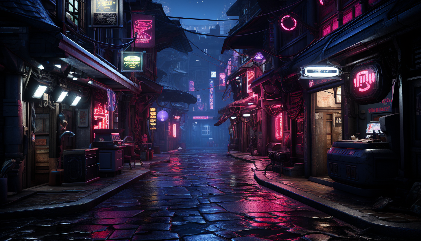 Futuristic cyberpunk alleyway, neon signs in various languages, shadowy figures, and high-tech gadgets.