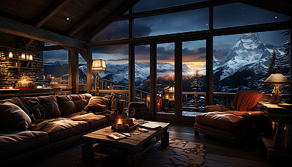 Cozy mountain cabin at night, with a roaring fireplace, snow falling outside, and a view of the northern lights through the window.