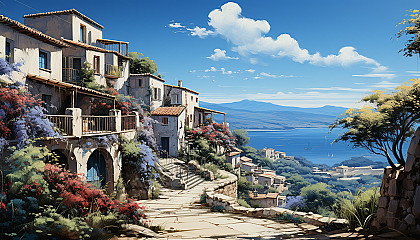 Sun-drenched Mediterranean village with white-washed houses, vibrant bougainvillea, a sparkling sea in the background, and narrow winding streets.