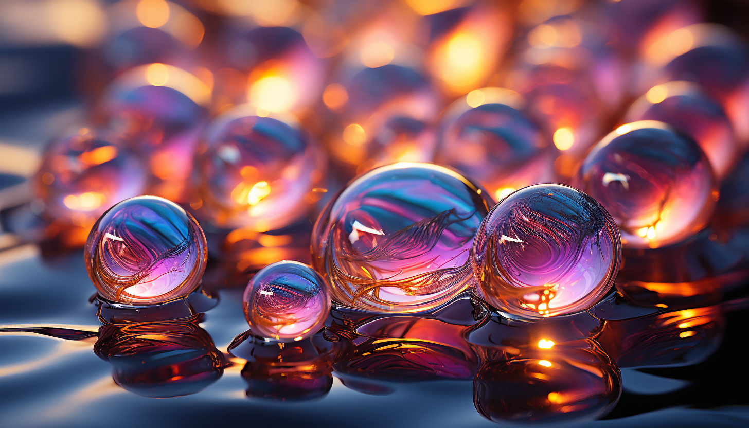 A close-up of iridescent bubbles reflecting the world around them.