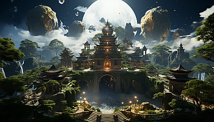 A mystical floating temple in the sky, surrounded by clouds, with monks meditating, serene gardens, and mythical creatures flying around.