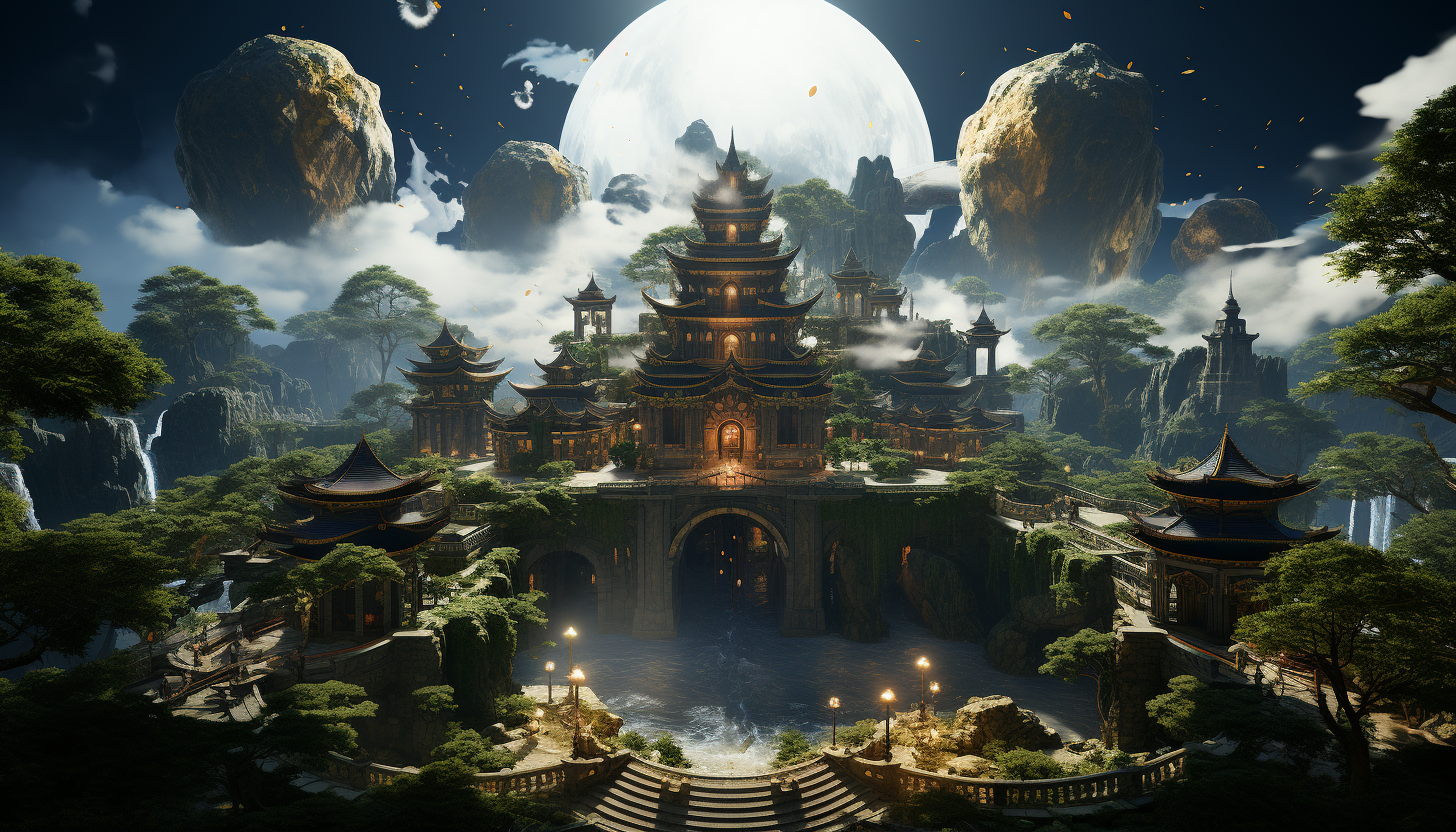 A mystical floating temple in the sky, surrounded by clouds, with monks meditating, serene gardens, and mythical creatures flying around.