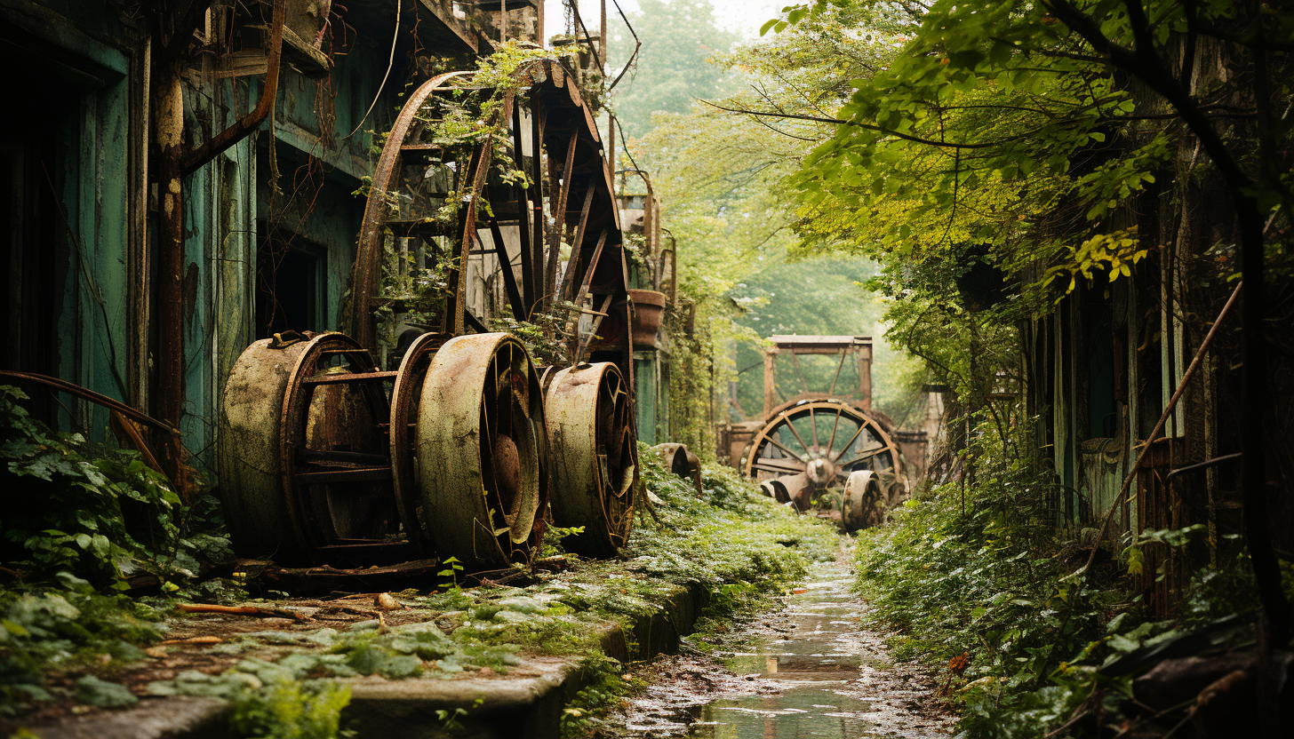 Abandoned amusement park reclaimed by nature, with overgrown roller coasters, a rusty Ferris wheel, and wild animals roaming freely.