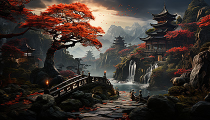 Traditional Chinese garden with a pagoda, stone paths, a lotus pond, and a red bridge, all surrounded by misty mountains.