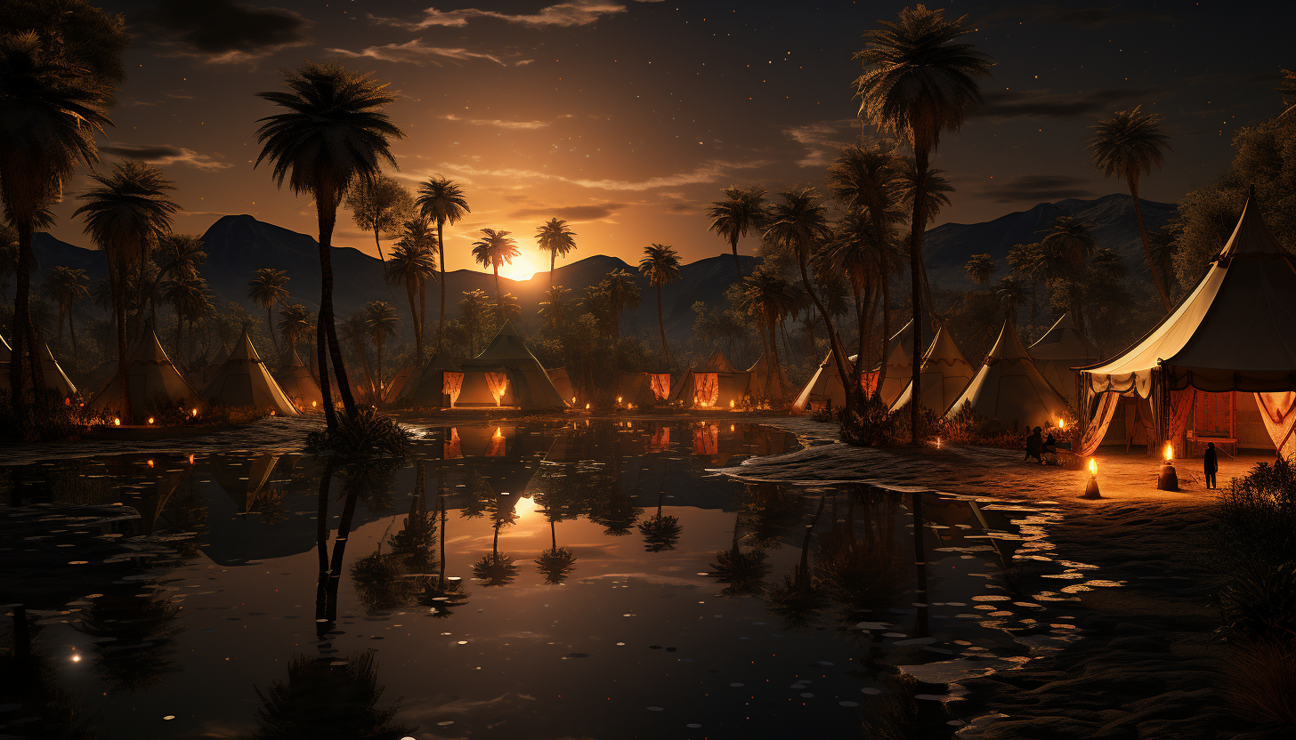 A desert oasis at night, with a star-filled sky, Bedouin tents, camels resting, and a tranquil, palm-lined pond.