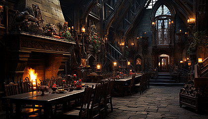 Grand medieval banquet hall, with a long feast table, tapestries, suits of armor, and a roaring fireplace.