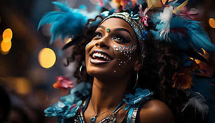 Vibrant carnival in Rio de Janeiro, with elaborate costumes, samba dancers, lively music, and a festive atmosphere.