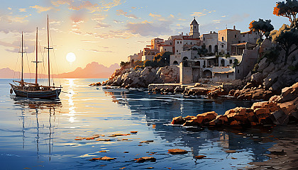 Grecian coastal village at dawn, with white and blue buildings, fishing boats bobbing in the harbor, and the sun rising over the Aegean Sea.