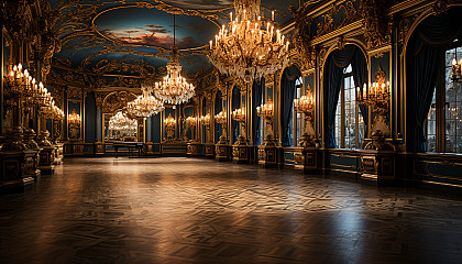 Lavish Renaissance ballroom, with opulent chandeliers, elegantly dressed dancers, and intricate tapestries adorning the walls.