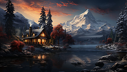 Rustic mountain cabin in winter, surrounded by snow-covered trees, a frozen lake, smoke rising from the chimney, and a clear night sky.