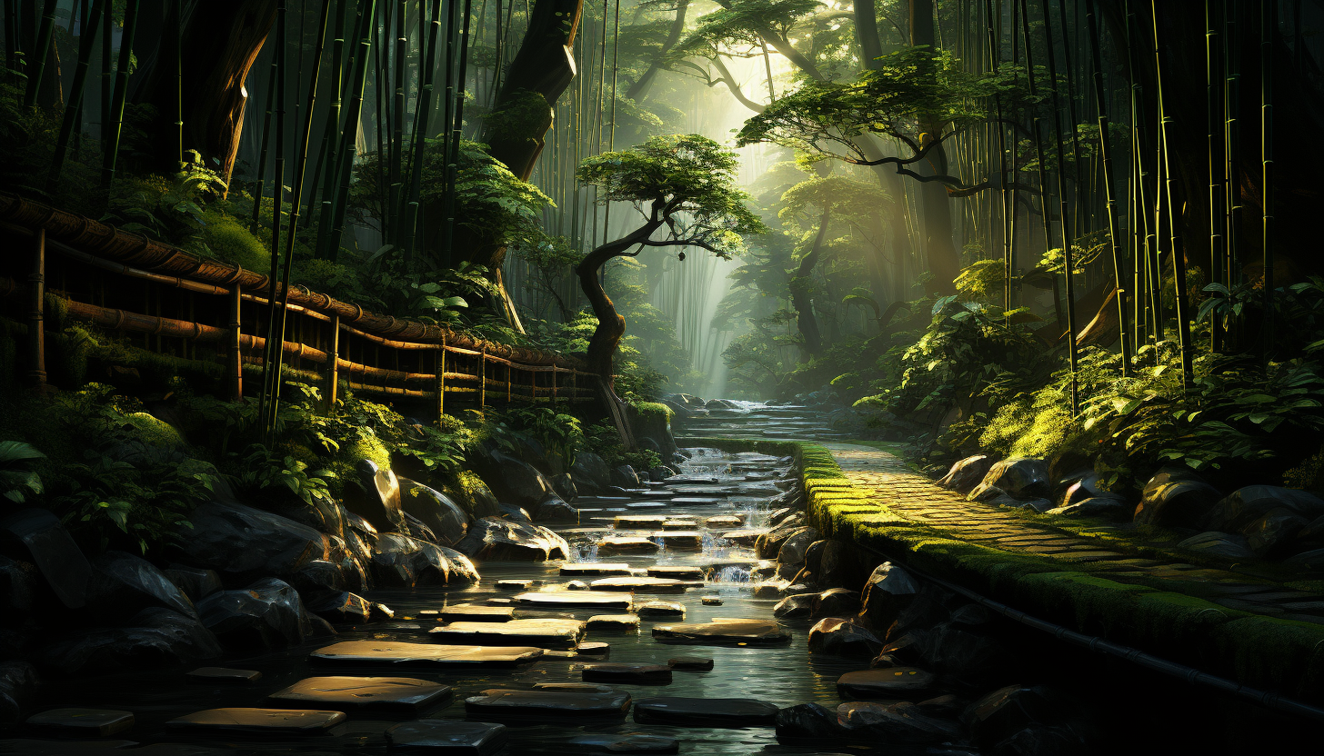 Tranquil bamboo forest in the morning mist, with rays of sunlight filtering through, and a peaceful path winding through.