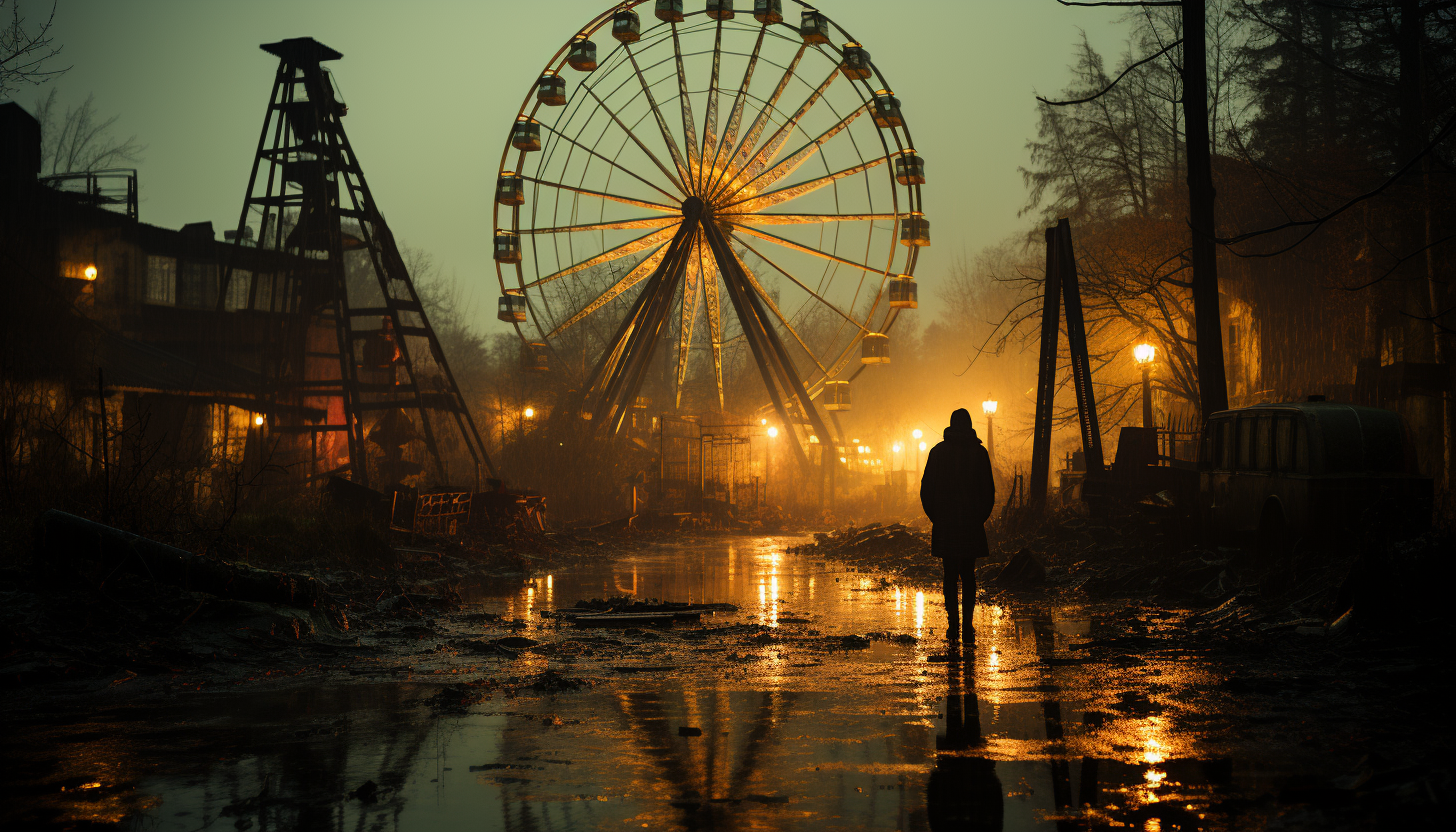 Abandoned amusement park at dusk, with overgrown ferris wheel, carousel horses, and a hauntingly beautiful atmosphere.