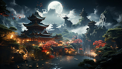 A mystical floating temple in the sky, surrounded by clouds, with monks meditating, serene gardens, and mythical creatures flying around.