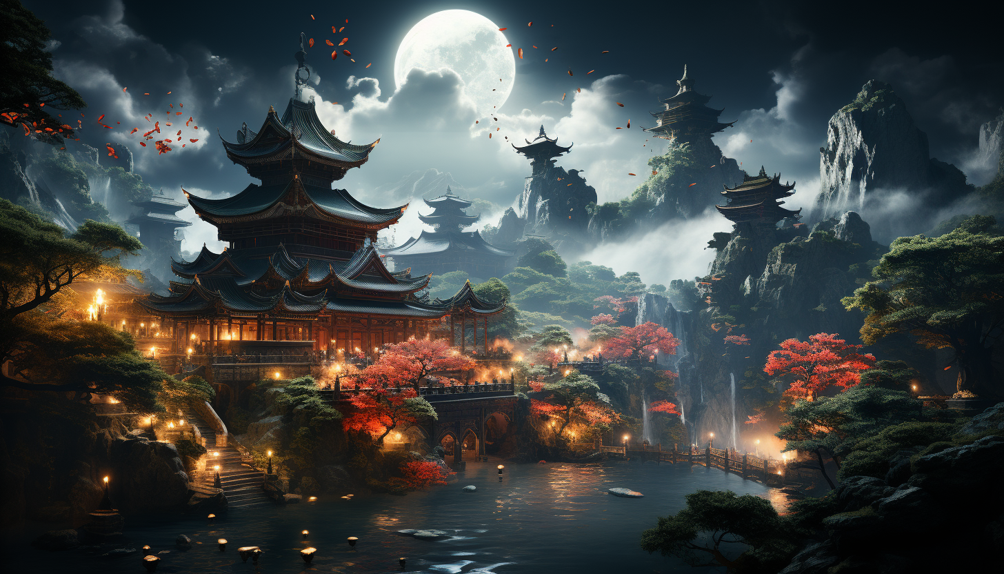 A mystical floating temple in the sky, surrounded by clouds, with monks meditating, serene gardens, and mythical creatures flying around.