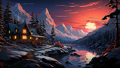 Cozy mountain cabin at night, snow-covered, with warm light from windows, a pine forest backdrop, and the Northern Lights.
