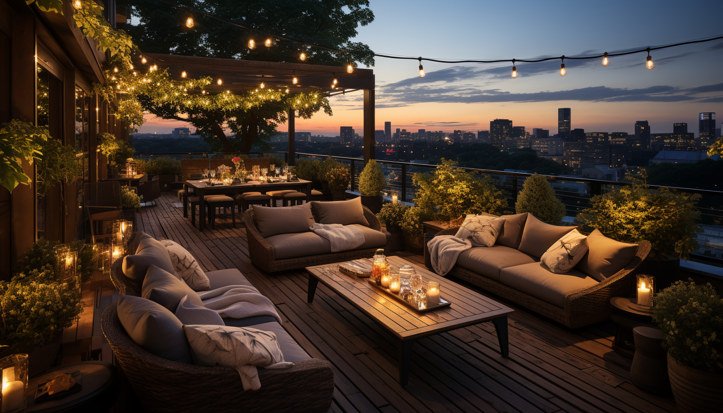 Luxurious rooftop garden at dusk, overlooking a sprawling cityscape, with string lights, elegant lounge furniture, and a variety of lush plants.