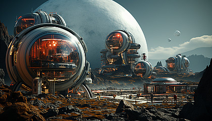 Futuristic Martian colony, with biodomes, red desert landscape, astronauts in advanced suits, and a distant Earth visible in the sky.