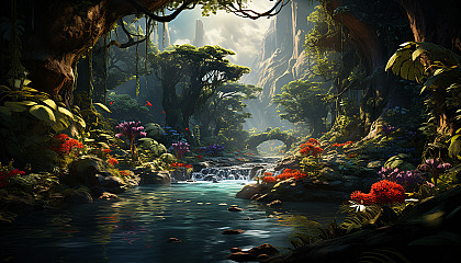 Lush tropical rainforest waterfall, with vibrant exotic birds, a hidden pool, and sunbeams filtering through the dense canopy.