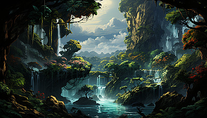 Lush rainforest canopy viewed from above, with a hidden waterfall, exotic birds in flight, and a hint of a lost temple in the dense foliage.