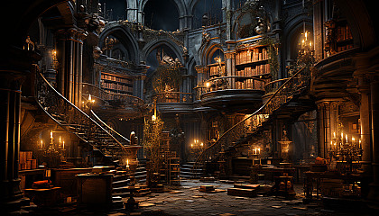 Ancient library with towering bookshelves, dimly lit by candlelight, ancient manuscripts, and a spiral staircase leading to hidden sections.