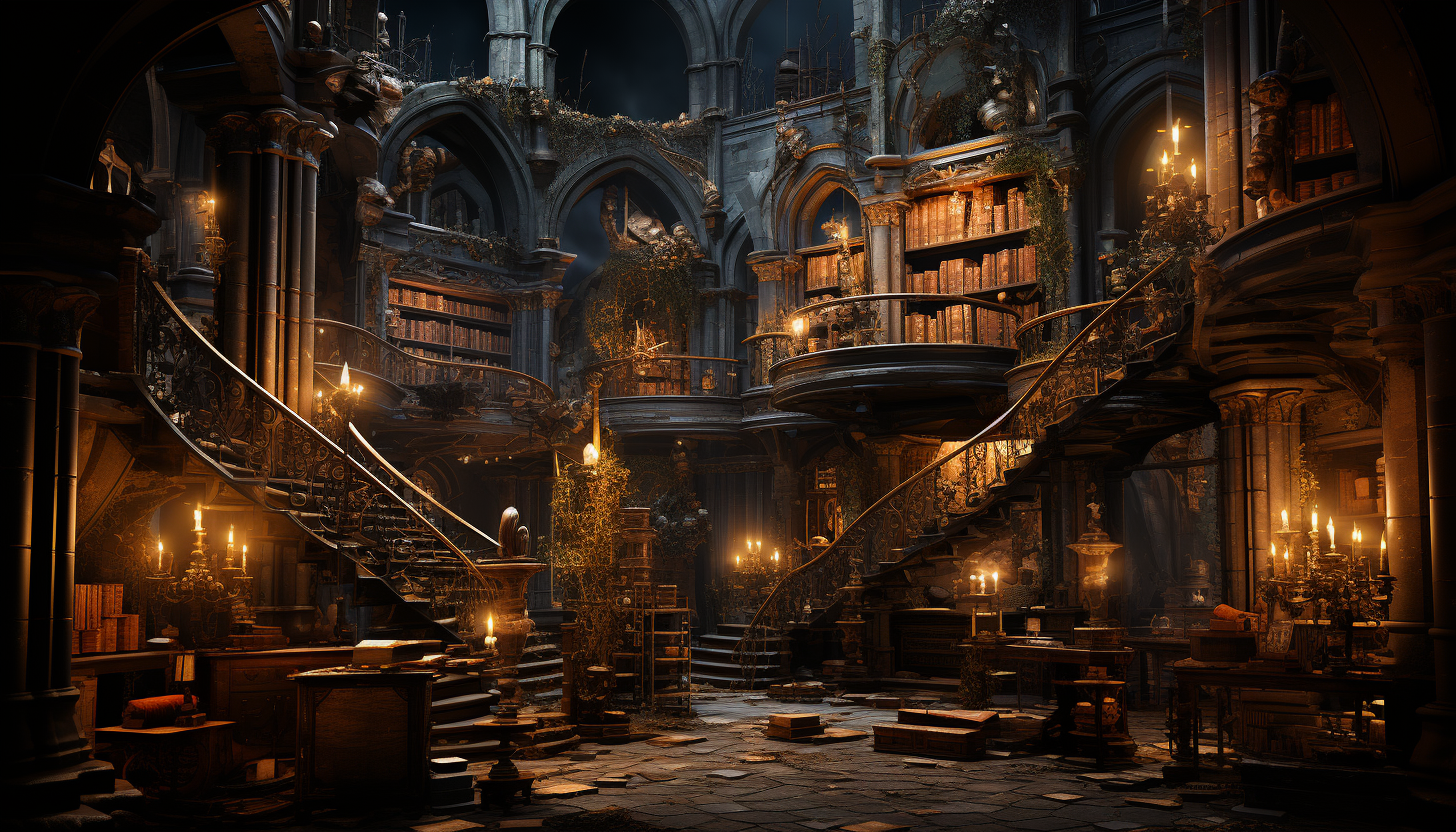 Ancient library with towering bookshelves, dimly lit by candlelight, ancient manuscripts, and a spiral staircase leading to hidden sections.