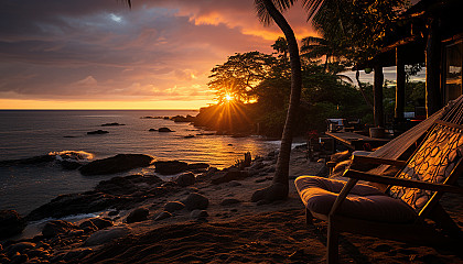 Lush tropical beach at sunset, with hammocks, palm trees, a fire pit, and a distant view of sailboats on the horizon.