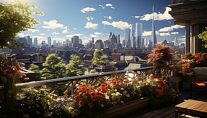 Lush rooftop garden in a modern city, with an array of flowers, herbs, comfortable seating, and skyscrapers in the background.