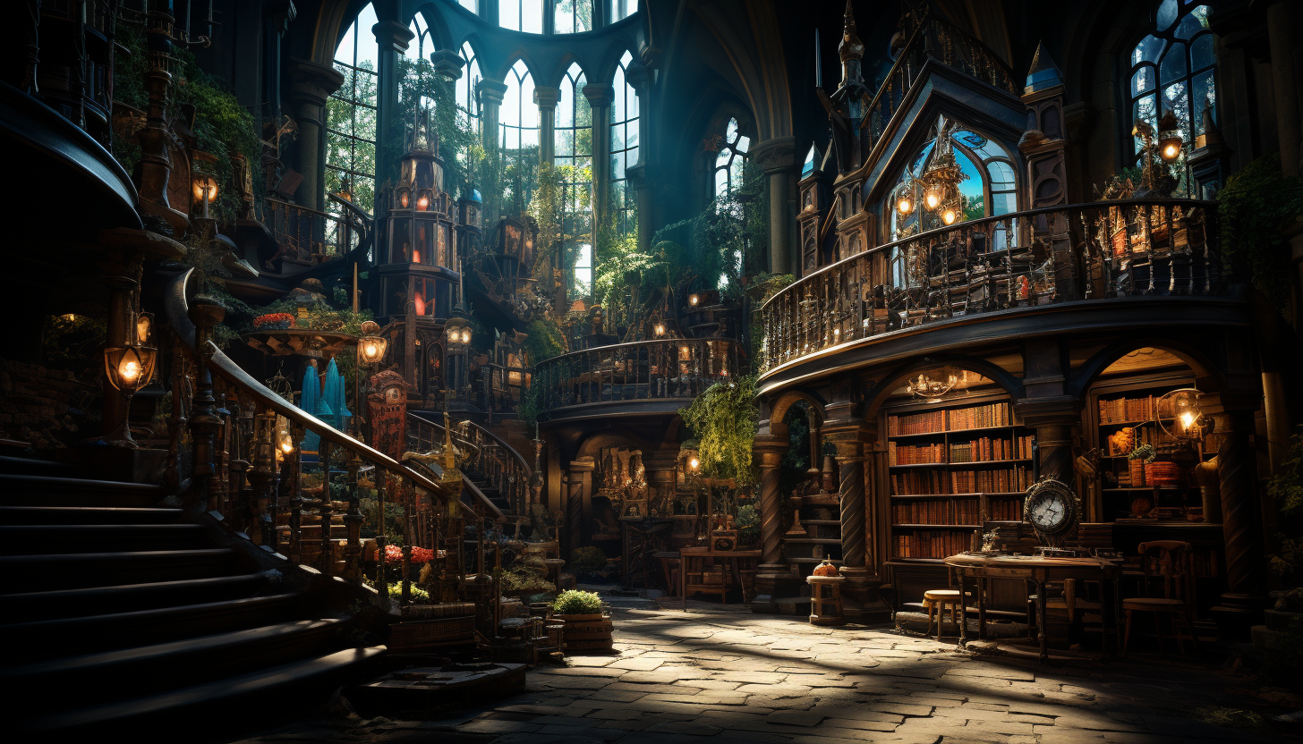 Ancient library filled with towering bookshelves, spiral staircases, mystical artifacts, and soft light filtering through stained glass windows.