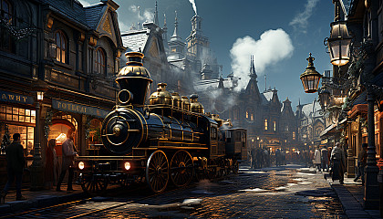 Victorian-era train station, with steam locomotives, elegantly dressed passengers, clock tower, and vintage luggage.