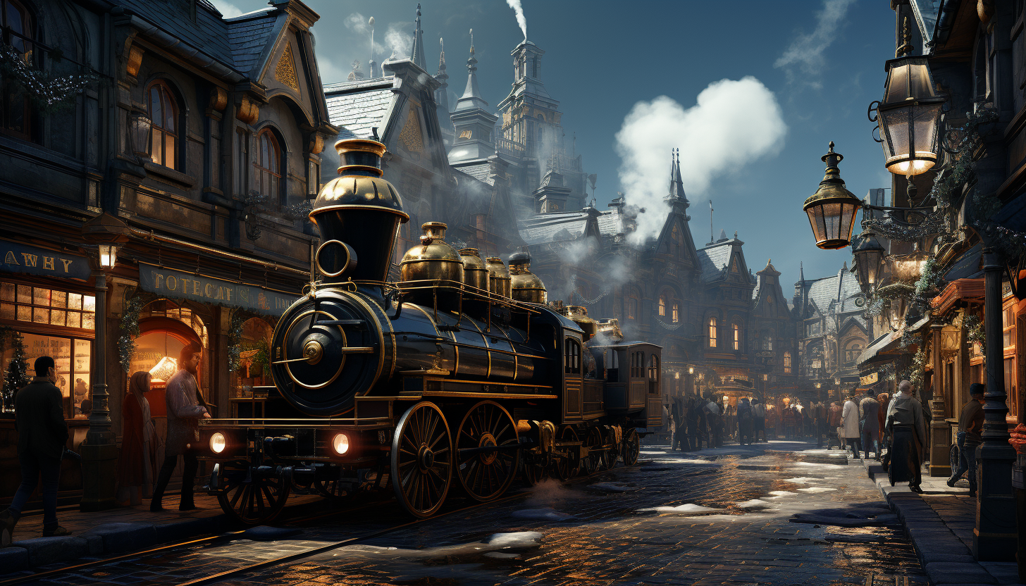 Victorian-era train station, with steam locomotives, elegantly dressed passengers, clock tower, and vintage luggage.