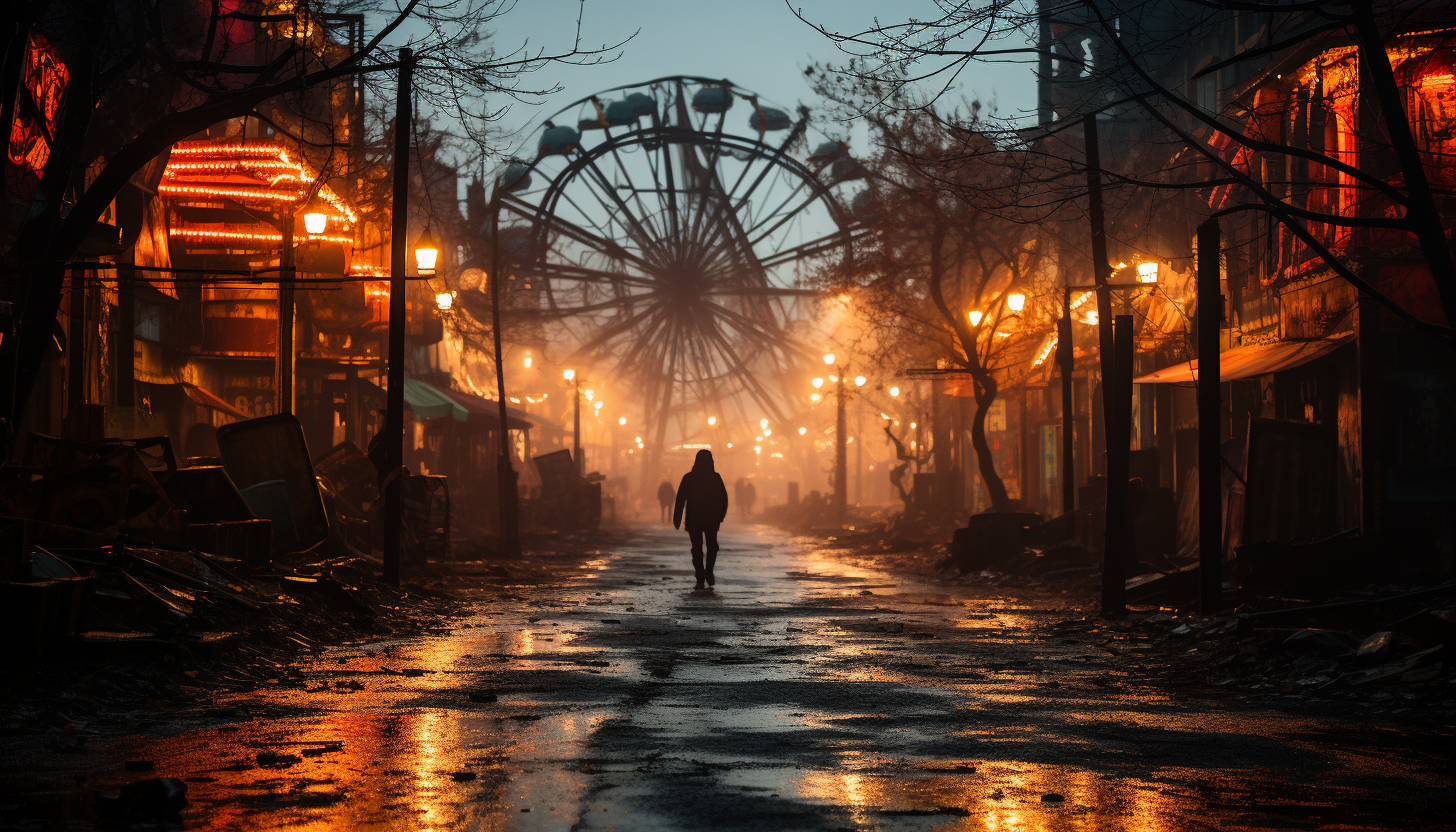 Abandoned amusement park at dusk, with a rusting Ferris wheel, overgrown paths, eerie, colorful lights, and a sense of mysterious past stories.