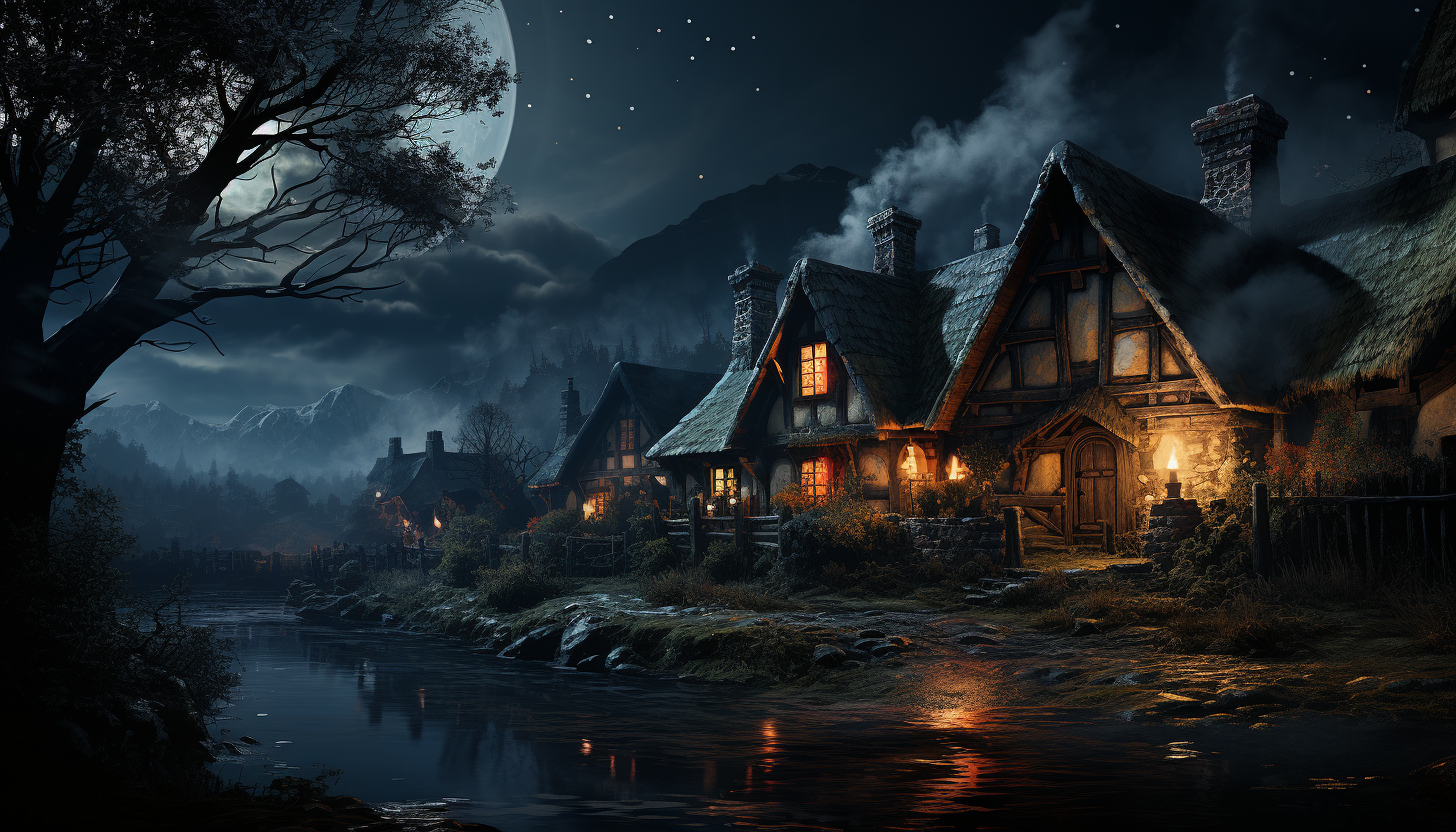 Idyllic cottage in a snowy woodland, with a thatched roof, smoke rising from the chimney, wild deer nearby, and a clear night sky.