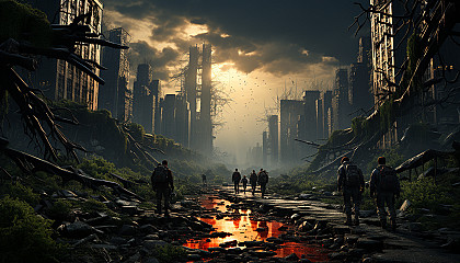 Post-apocalyptic urban landscape, with nature reclaiming skyscrapers, deserted streets, and a group of survivors exploring the ruins.