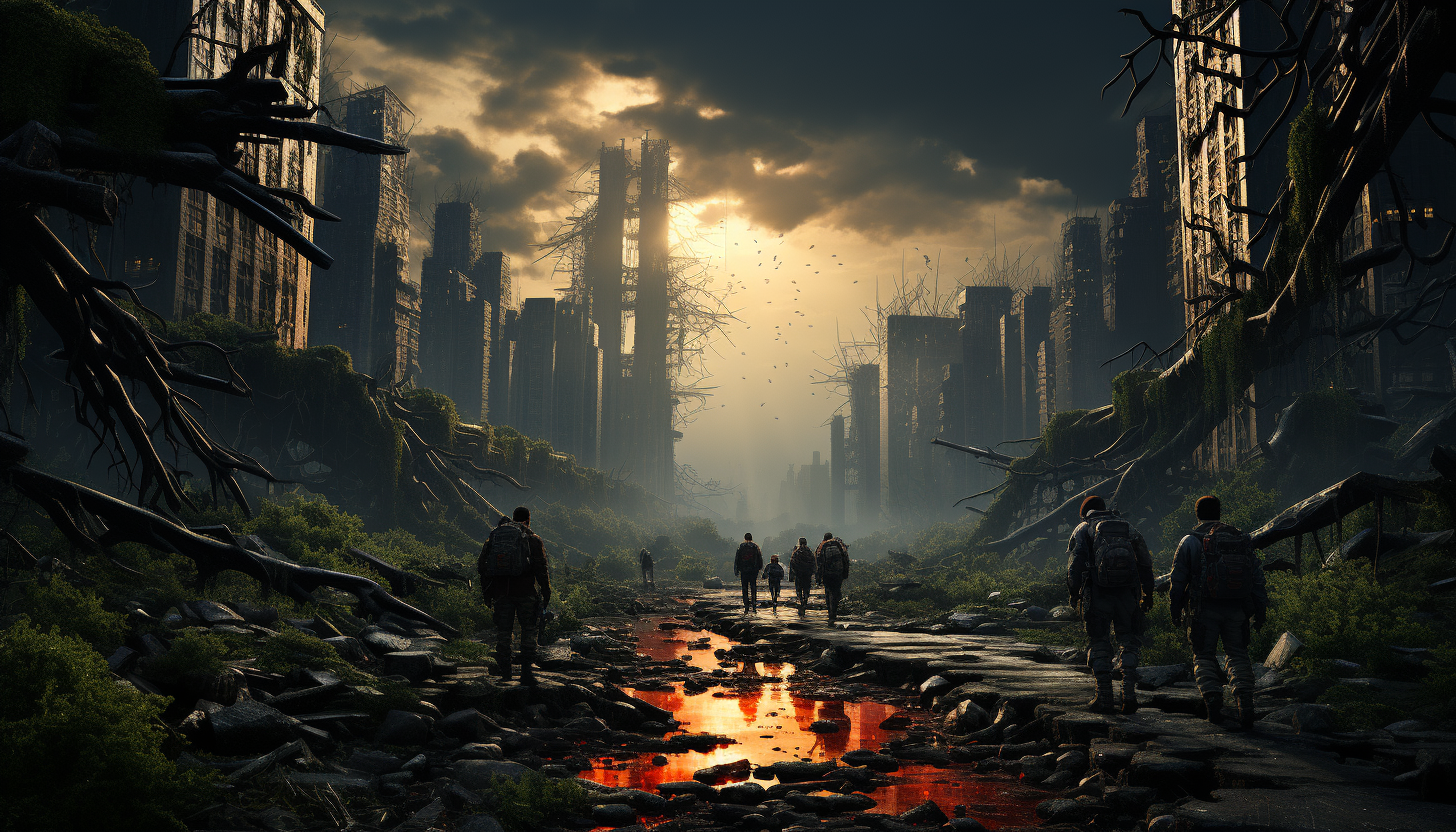 Post-apocalyptic urban landscape, with nature reclaiming skyscrapers, deserted streets, and a group of survivors exploring the ruins.