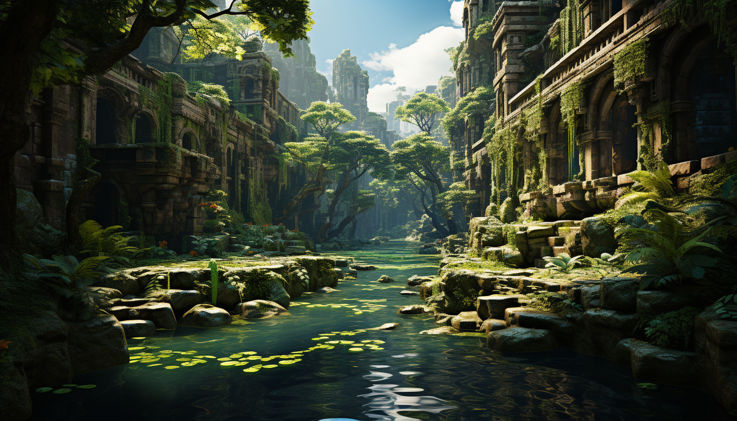 A hidden valley with a lost civilization, ancient ruins overgrown with jungle, mysterious statues, and a shimmering waterfall.