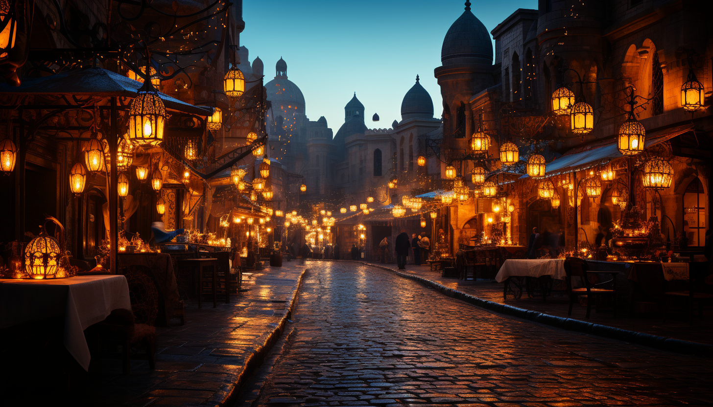 Traditional Moroccan bazaar at dusk, vibrant fabrics, intricate lanterns, spice stalls, and bustling crowds in a narrow alley.