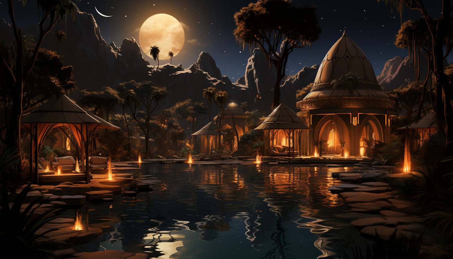 Desert oasis at night, with a star-filled sky, Bedouin tents, camels resting, and a tranquil pool reflecting the moon.