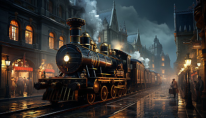 Victorian-era train station, with steam locomotives, elegantly dressed travelers, and period-specific details like gas lamps and wrought iron benches.