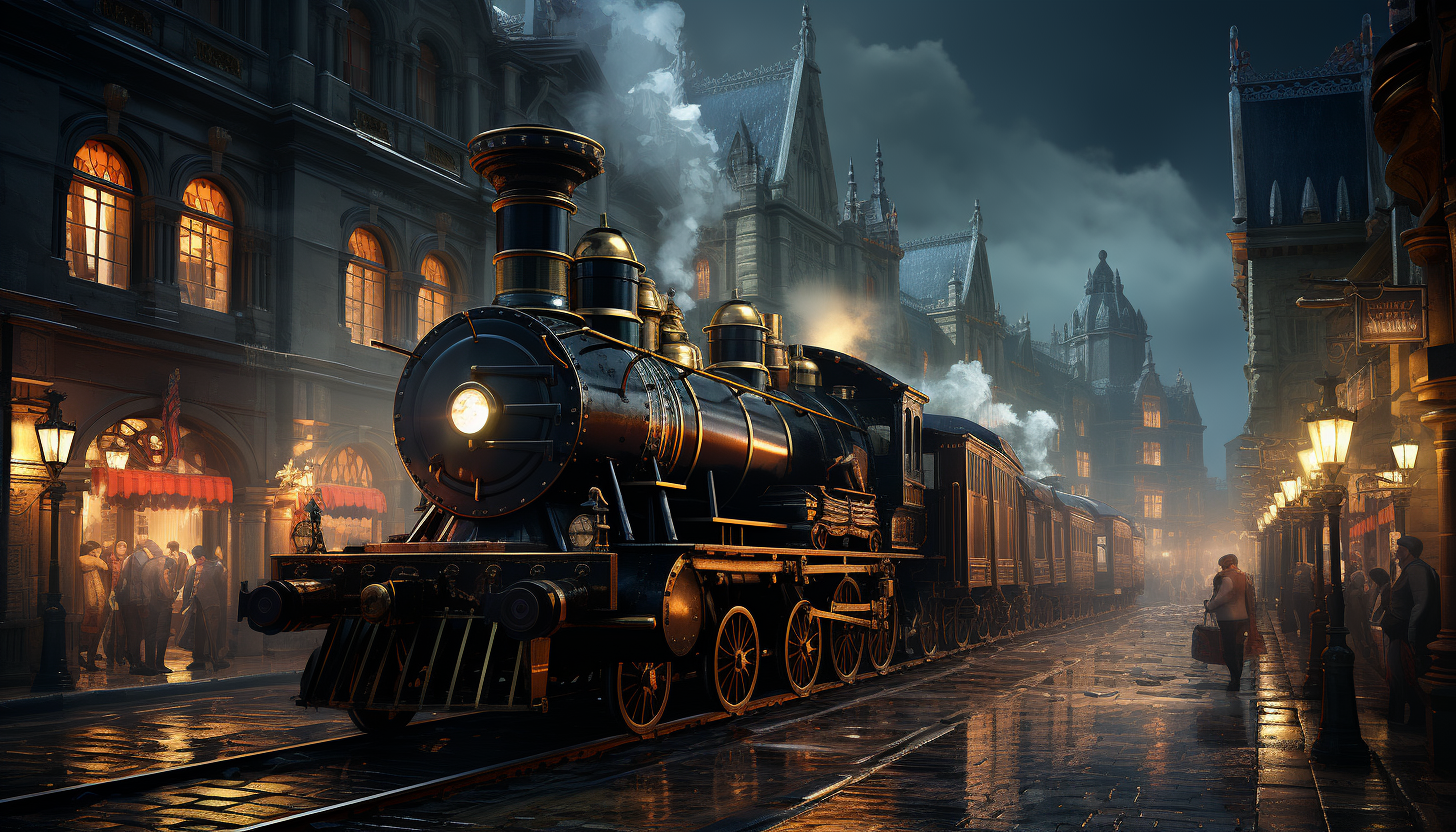 Victorian-era train station, with steam locomotives, elegantly dressed travelers, and period-specific details like gas lamps and wrought iron benches.