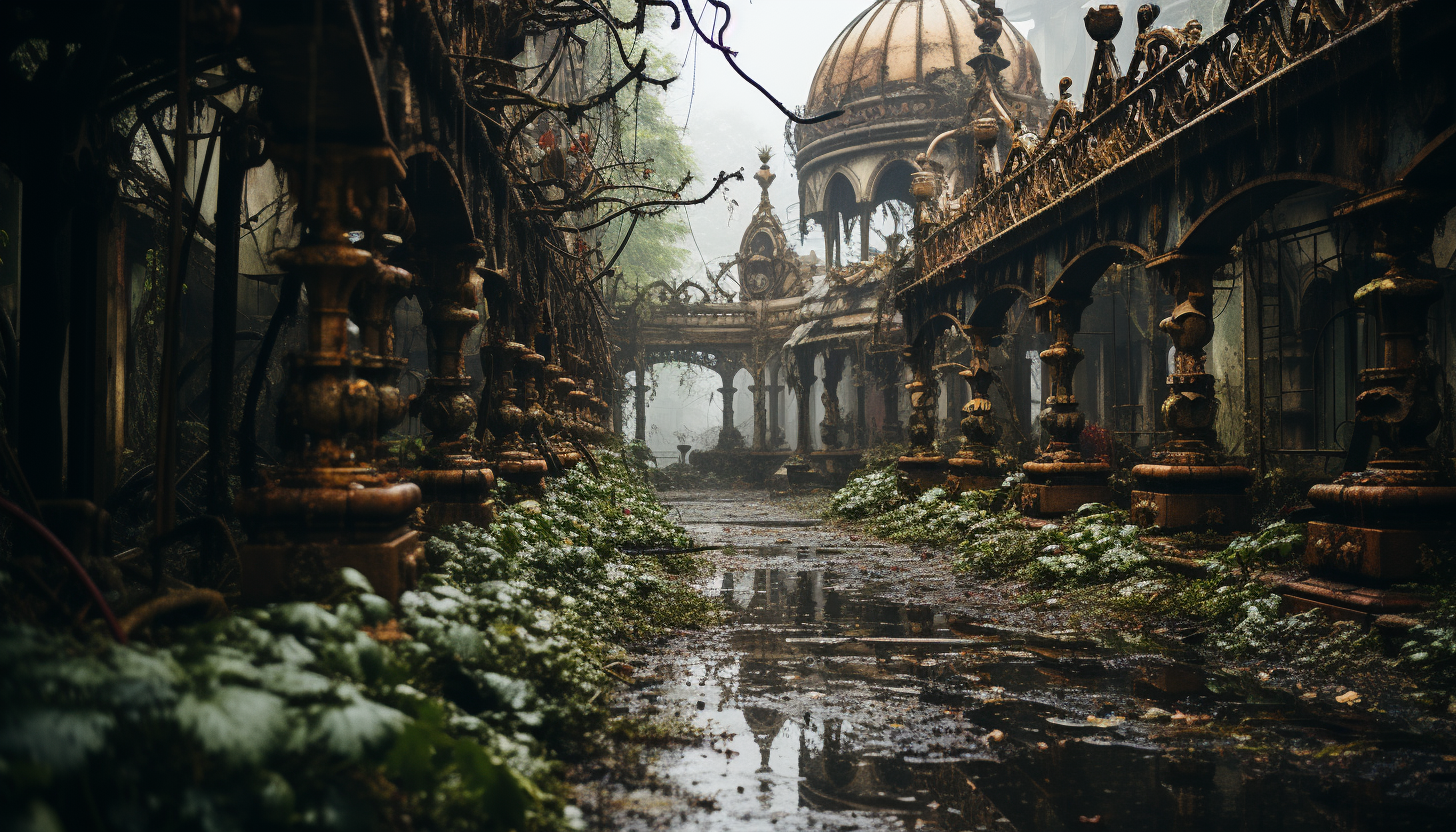 Abandoned amusement park overtaken by nature, rusting roller coasters, overgrown paths, and a hauntingly beautiful carousel.