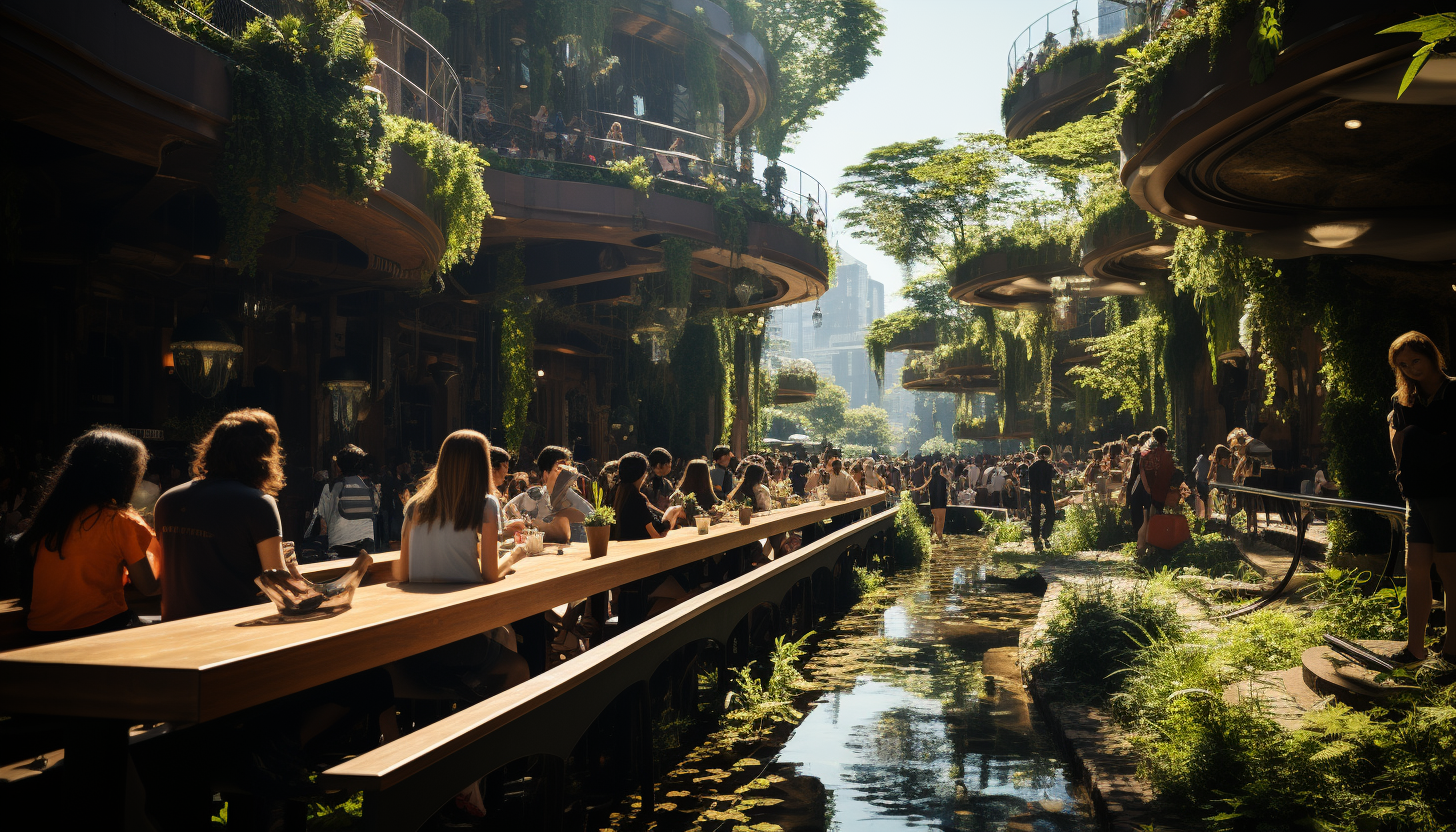 Futuristic urban park with interactive digital installations, lush greenery, people relaxing, and skyscrapers all around.